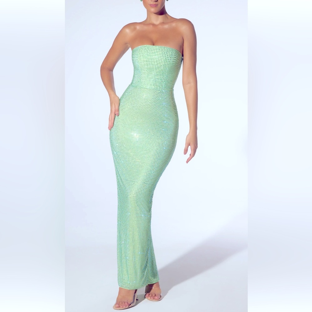 Embellished Strapless Evening Gown in Sage Green